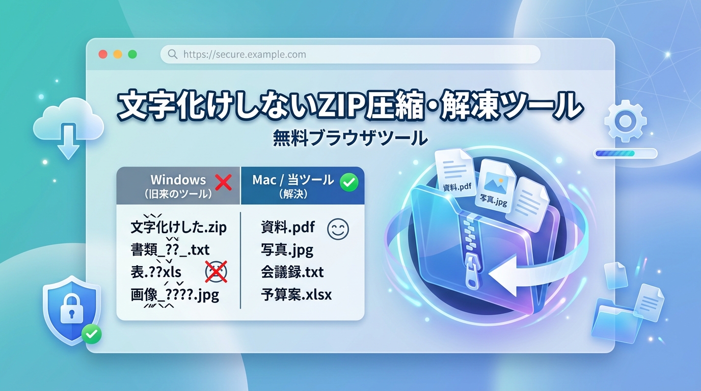 文字化けしないZIP圧縮・解凍ツール｜無料ブラウザツール